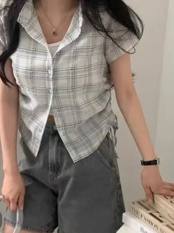 Chic Summer Vintage ort Plaid irt Colletto da donna Design con raccolta laterale Versatile top slim fit con bottoni piccoli