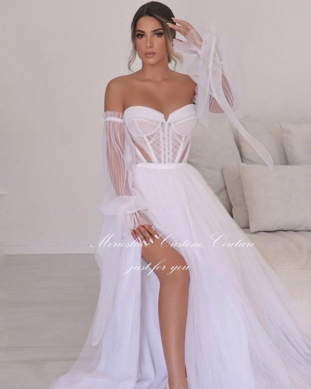 Merio slove boho Brautkleider Schatz Puff ärmel Seite geteilt a-Linie Brautkleider Strand Brautkleid Tav lich vas Papaya