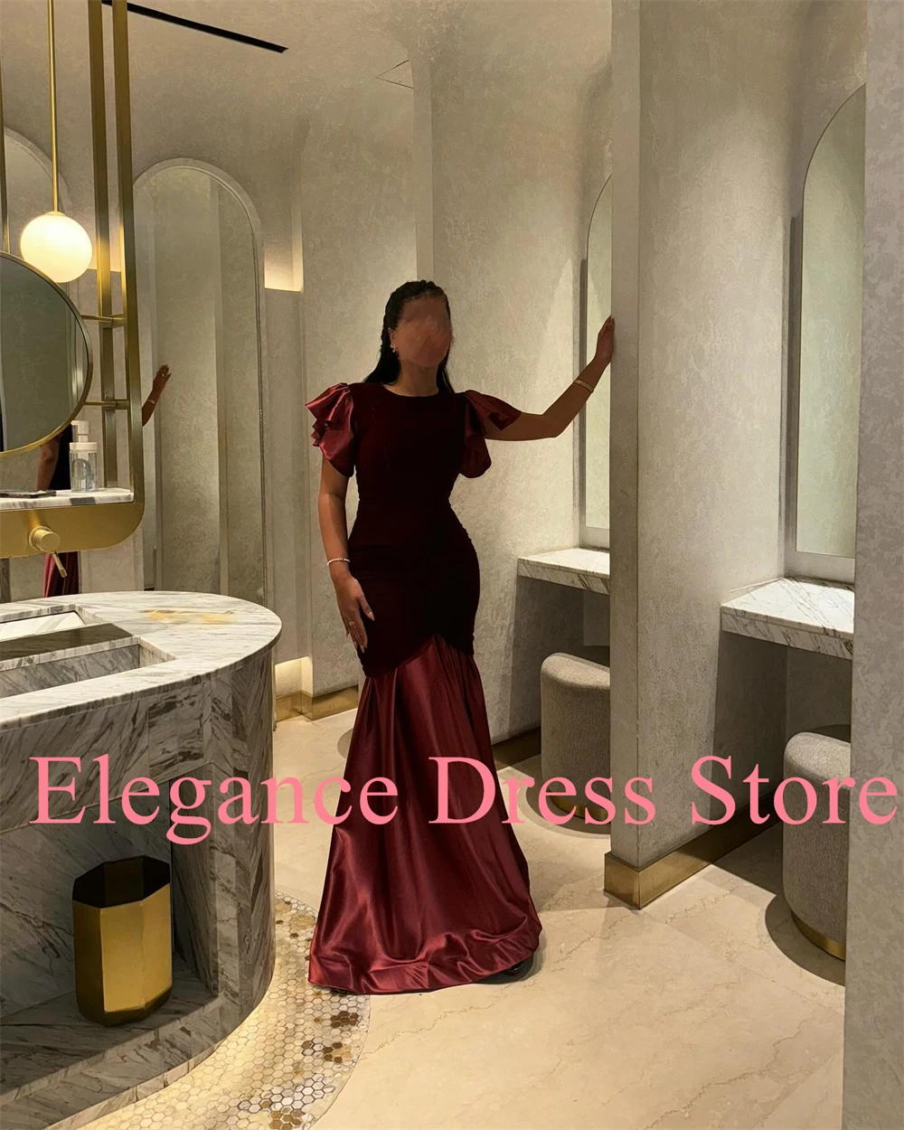 Robe De soirée De forme sirène, col rond, en velours et Satin, personnalisée, classique, manches courtes, plis