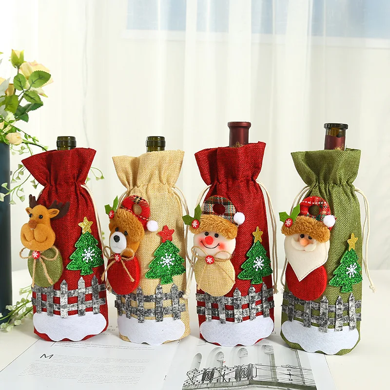 

Christmas Decorations Linen Wine Bottle Cover Set Champagne Bottle Bag New Year Gift Christmas Decorations For Home Party
