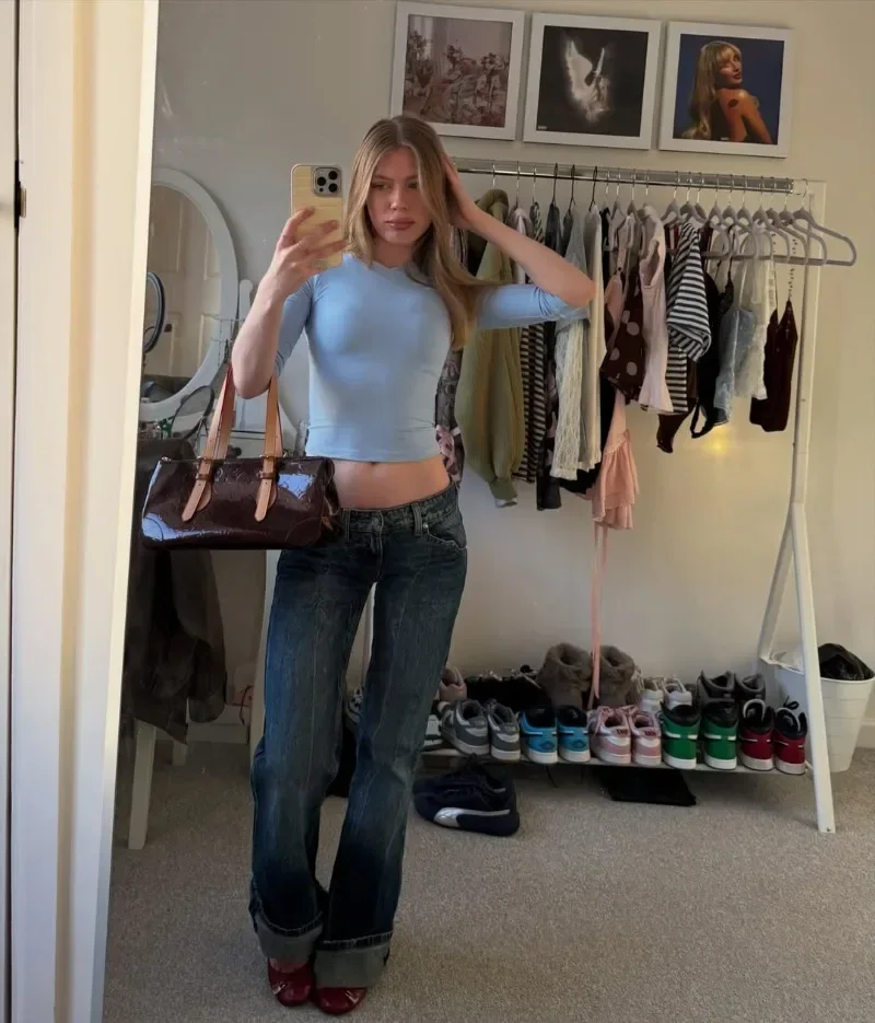 Schlankes V-Ausschnitt T-Shirt für Damen mit Ellbogenärmeln, Vintage Casual Basic Crop Top, Street Bodycon Y2K Ästhetik Commute T-Shirt 2026 – Detail 34