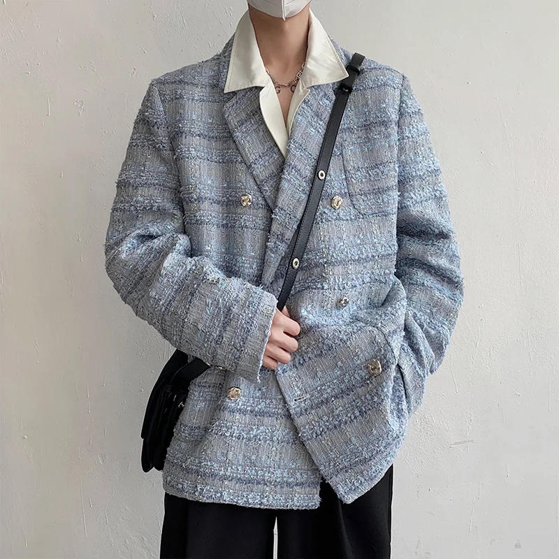 NOYMEI Male Blazers Fashion Double Breasted Casual Autumn 2024 Men's Coat Loose Thickened Tweed Suit Jacket Trend Korean WA200