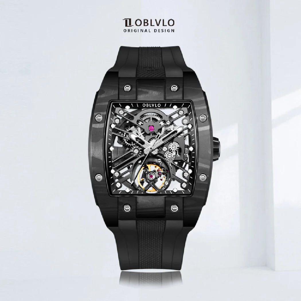 مستطيل الأصلي الأسود الرجال التلقائي ساعة ميكانيكية الرياضة الهيكل العظمي مضيئة النبيذ برميل ألياف الكربون حالة المطاط حزام EM-ST