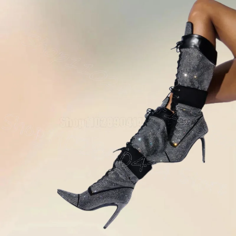 

Silver Rhinestone Strappy Pointed Toe Boots Cross Tied Women Shoes Thin High Heels Party Banquet Dating 2024 Zapatos Para Mujere