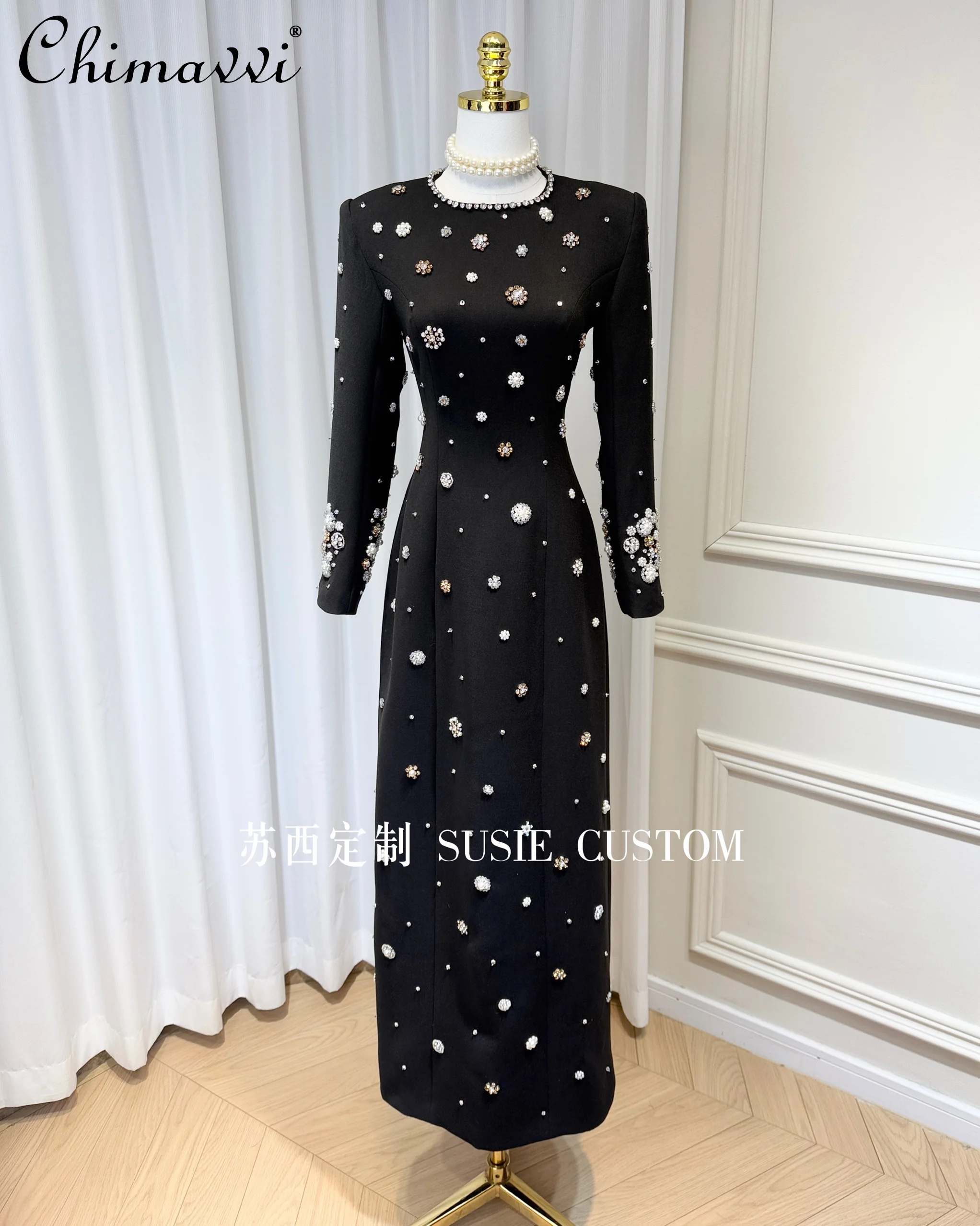 

French Elegant Heavy Industry Beaded Diamond Round Neck Long Sleeve High Waist Slim A-line Split Long Evening Dress Women Winter