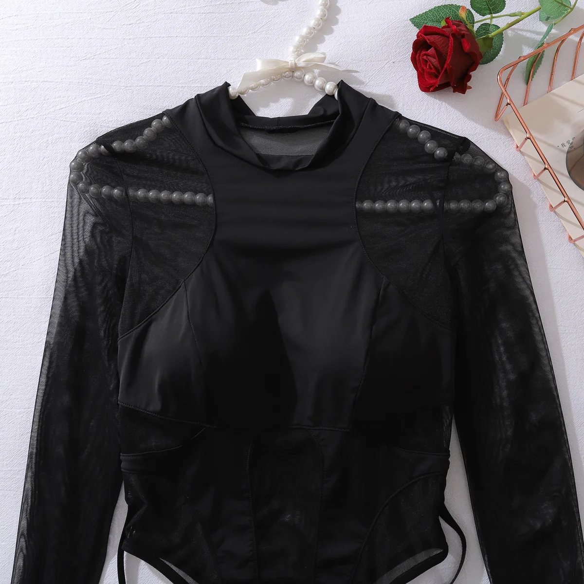 2025, ultradünner Mesh-Overall mit durchsichtiger Taille, sexy Slim-Fit-Patchwork-Overall sieht schlank aus und kann im Schritt geöffnet werden