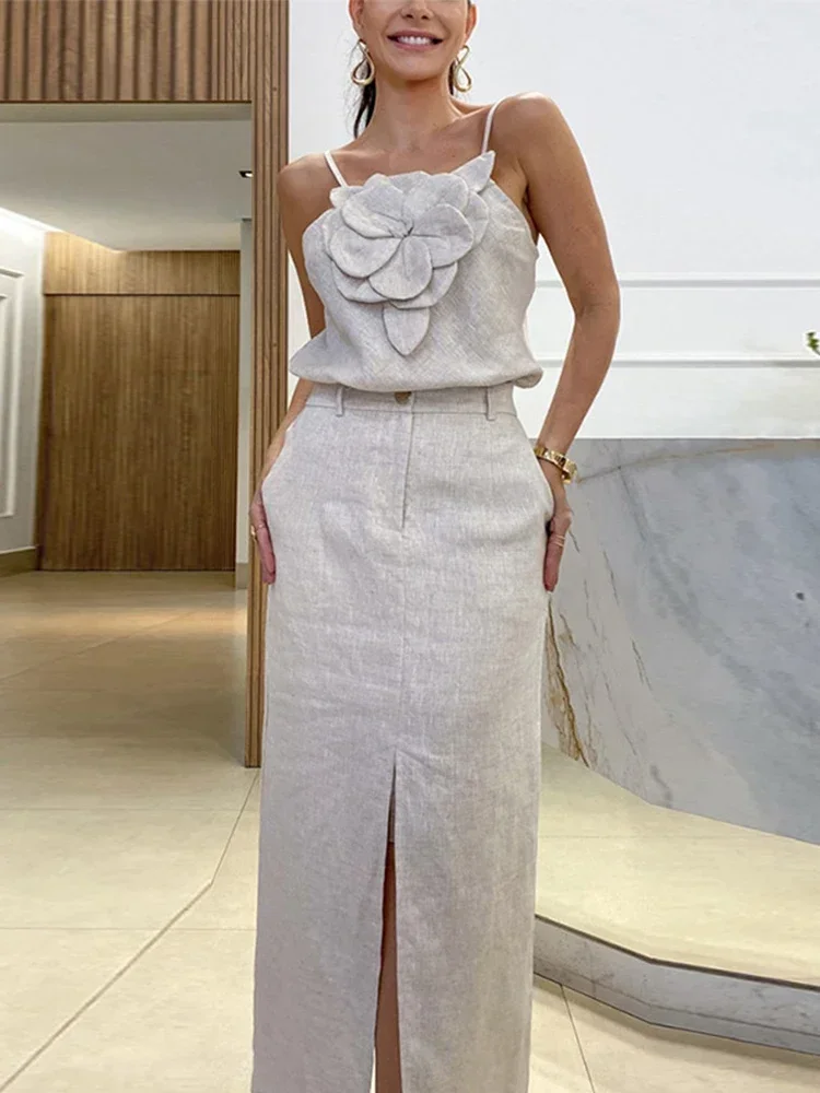 Cotton Linen 3D Flower Skirt Sets Women Off Shoulder Backless Sling Top High Waist Split Skirt 2024 Summer Casual Lady Outfits