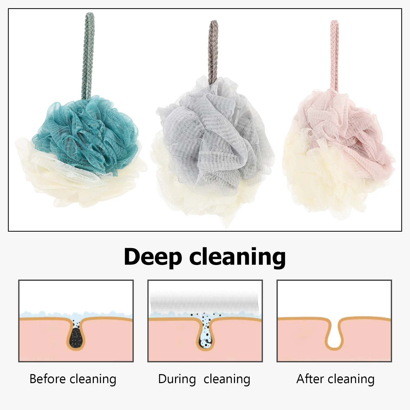 

3pcs Shower Balls Double Sponges Thick Soft Premium Material Quick Dry Lanyard Design For Home Travel Bathroom