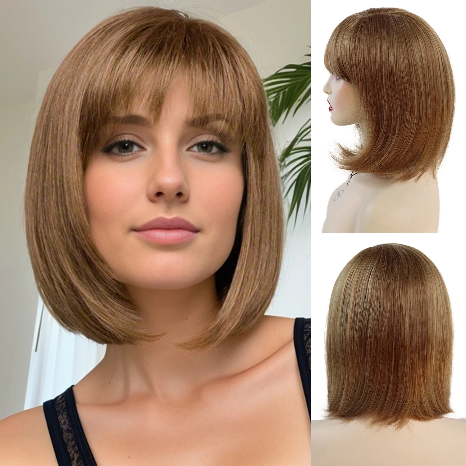 

13-дюймовый парик с стрижкой боб, синтетический смешанный коричневый короткий парик бобо для женщин, натуральные мягкие волосы, сменные парики с челкой для пациента