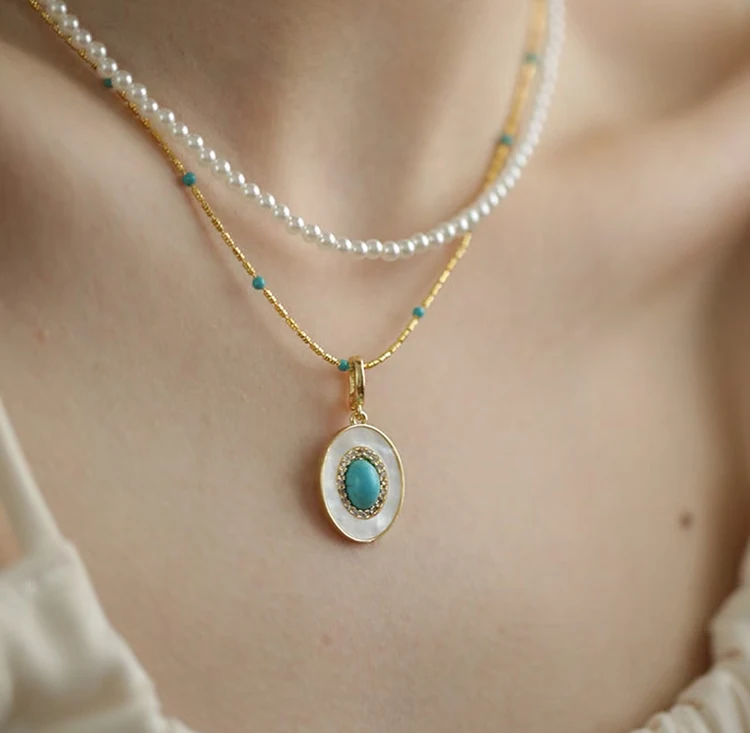 Natürliche Türkis Oval Shell Anhänger Gold Farbe Kette Halskette Sexy Schlüsselbein Kette Trendy Schmuck Zubehör Für Frauen 2023 – Detail 5