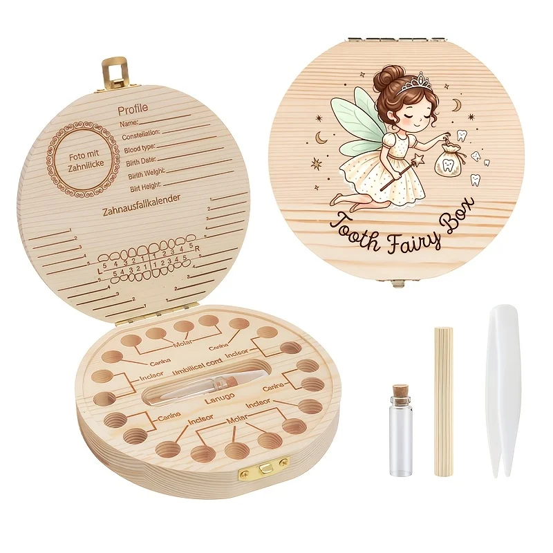 1PCS 2D Wooden Tooth Fairy Box Tooth Keepsake Storage Teeth Hair Commemorative Birth Souvenir Birthday Halloween Christmas Gift