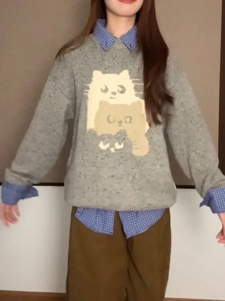 2025 Spring Winter Thick Cartoon Gray Sweater Harajuku Anime Cute Cats Brocade Sweater Jumper Loose Casual Kawaii Y2k Clothes