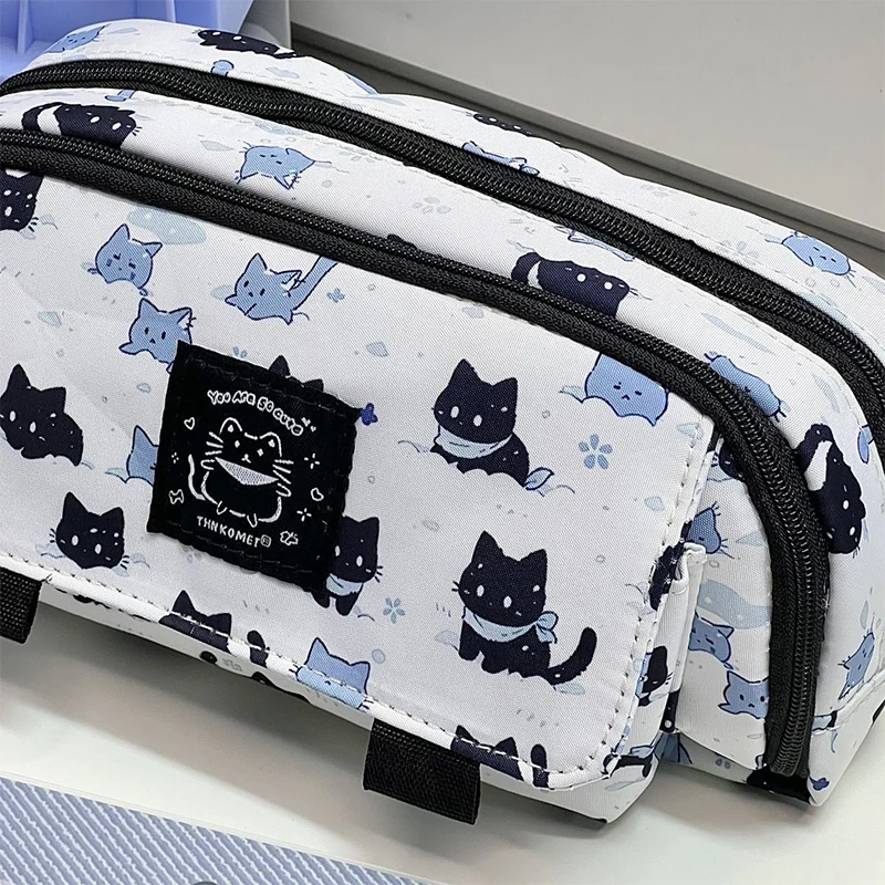 Estuche para bolígrafos con estampado de gato nevado lindo de dibujos animados, organizador de gran capacidad, bolsa de almacenamiento de papelería multifuncional, bolsa portátil para bolígrafos