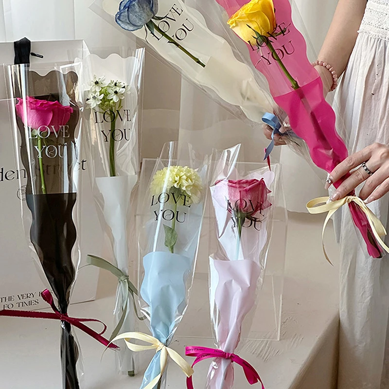 50 Uds. Ramo de flores con patrón ondulado de sirena, bolsa de celofán para regalo, bolsa de papel para envolver, bolsas de rosas individuales para el Día de la madre y el Día de San Valentín