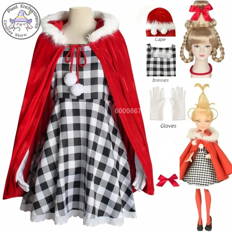 

Cindy Lou Who Cosplay Costume Red Hood Cloak Plaid Dress Green Braid Wig Christmas for Women Girls stage performance clothing