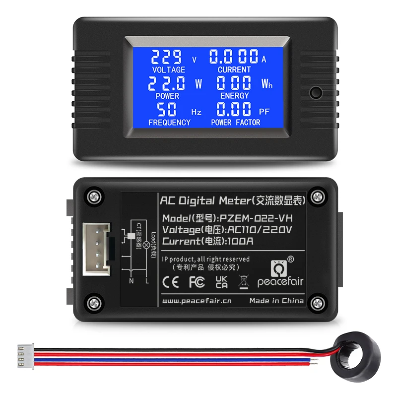 Medidor de Energia Digital Peacefair, Tester Energia, Medidor de Tensão Atual, Wattmeter, 6in 1, VH AC, 80V, 260V, 0-100A, Novo, PZEM-022