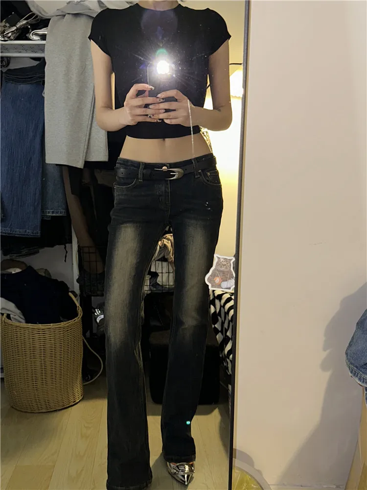 

Американские ретро-джинсы с низкой посадкой, сексуальные, прямые, женские, весенне-осенние, удлиненные, утягивающие, фасон «карандаш», темные цвета