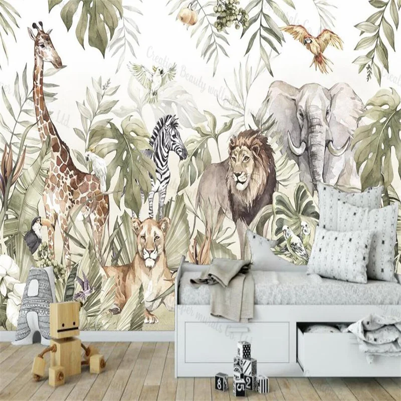 Nordic Tropical Animal Lion Zebra Giraffe Baby Bedroom Wallpaper for Kids Room Decor Wall Paper Children's Room Custom Mural