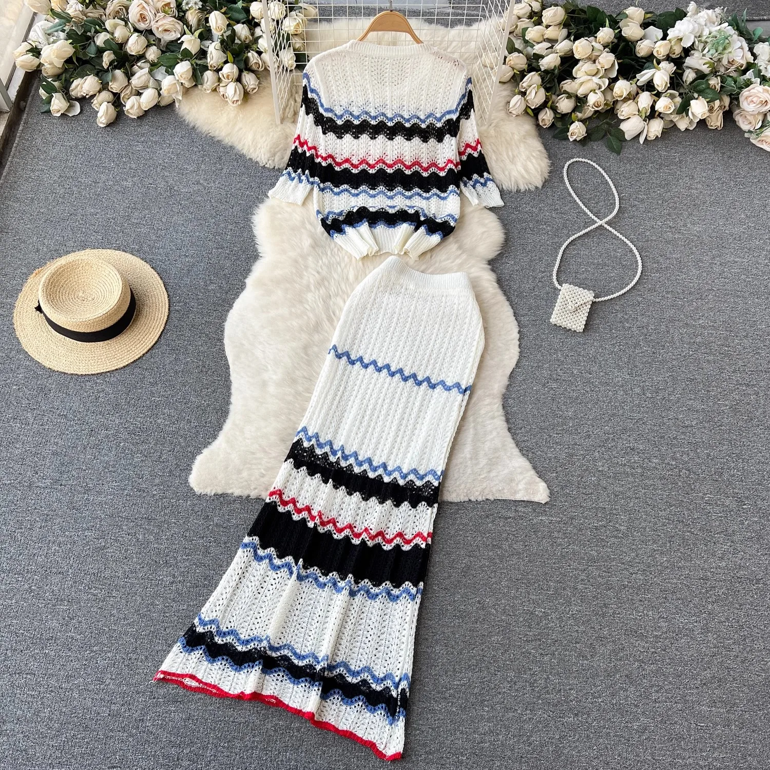 Fashion Summer Knitted Two Piece Set Women O Neck Hit Color Striped Hollow Out Short Sleeve Tops + Elastic Waist Long Skirt Suit