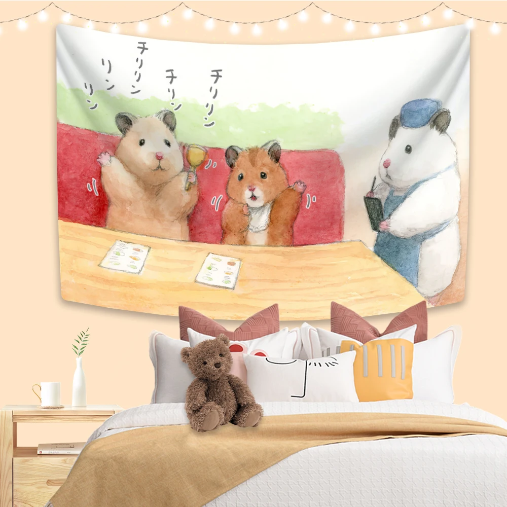 XxDeco Kawaii Hamster Anime Tapestry Cute Animal Printed Wall Hanging Home Decoration Dormitory Background Cloth Sofa Blanket