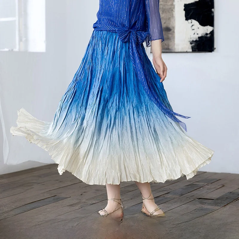 

Ele Multi-Color adient Texture f Skirt Women's New Summer 2025 Simple Sle Midi Skirt Polyester Fiber A-Line Skirt