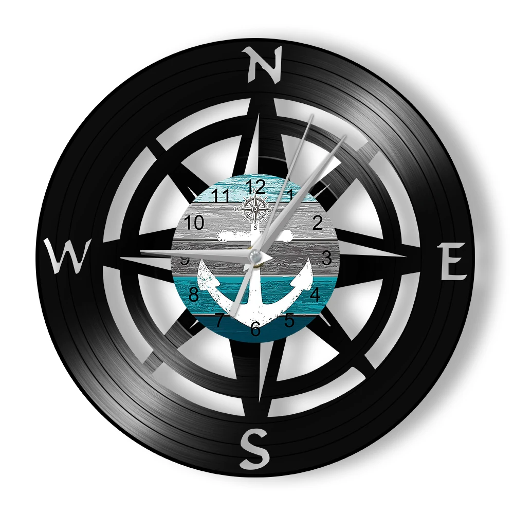 Rose Compass Vinyl LP Record Wall Clock Nautical Home Decor Timepieces Maritime Handicraft Art Carved Music Album Wall Clock