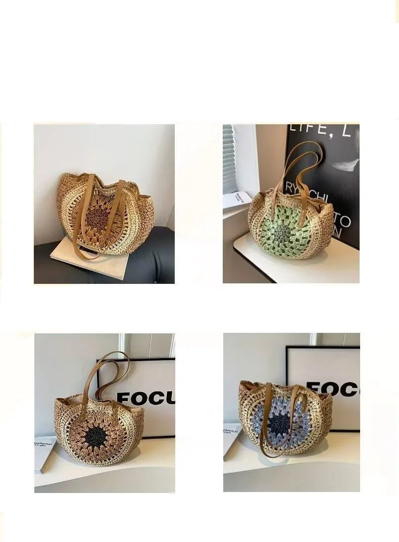 Handgewebte Sommer-Rundstrohtasche im Bohemian-Stil für Damen – Lässige Strand- und Urlaubstasche aus umweltfreundlicher Faserkunst – Detail 2