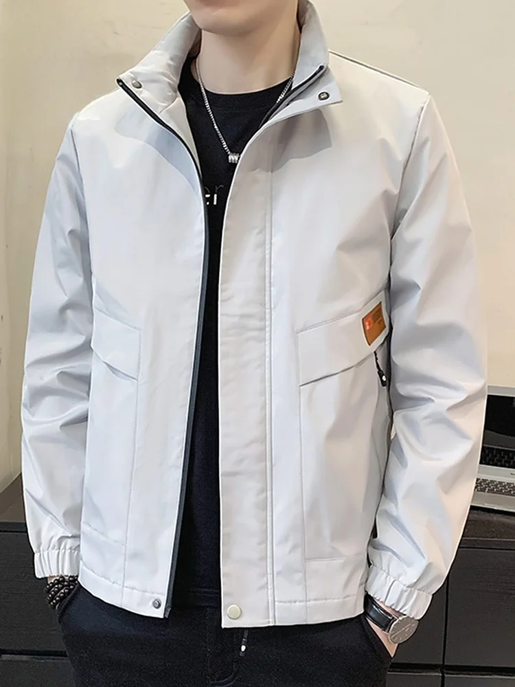 

Мужская куртка свободного кроя с декоративной молнией, молодежная, модная, осенняя, с длинными рукавами, ветрозащитная, однотонная