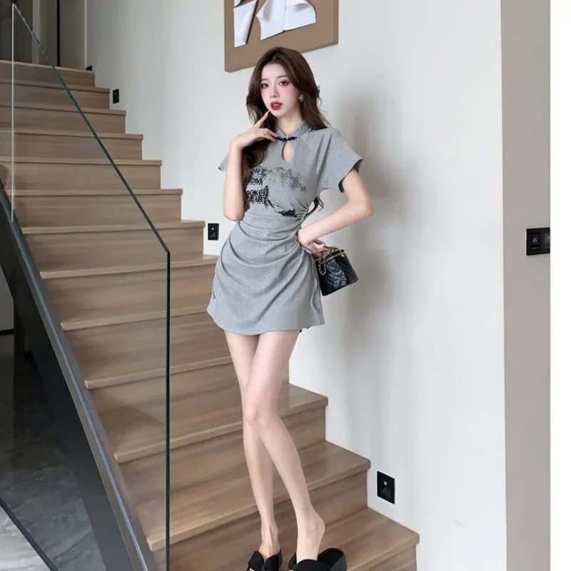 Chinese Style Summer Women's Graceful Mini T Shirts Dress Lady Vintage Print Letter Short Sleeve Shirring Dresses New Clothing