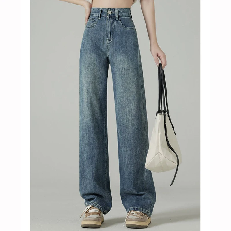 Girls High Waist Loose Fit Thin Jeans Women Ins Fashion Straight Leg Denim Pants Lady Korean Solid Basic Trousers