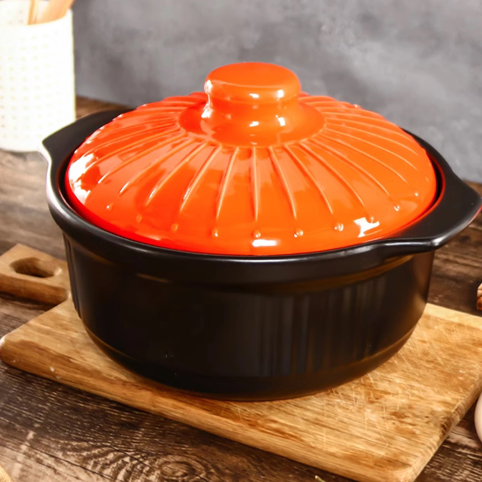 115oz/3400ml Ceramic Casserole Stew Pot, Orange Embossed Pattern Ceramic Casserole, High Temperature Resistant