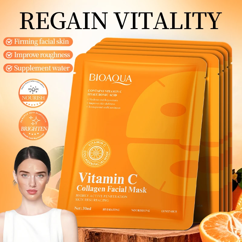 5pcs BIOAQUA Vitamin C Collagen Whitening Facial Masks Moisturizing Anti-Wrinkle Anti-Aging Face Mask Collagen Masks Skin Care