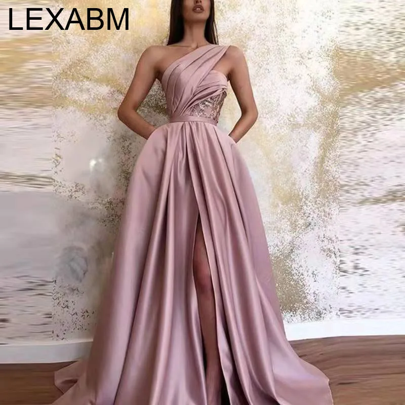 Sexy High Slit Slanted Shoulder Evening Party Dress Women Prom Gowns Sleeveless Maxi Dress Evening Nightclub Vestidos 2022