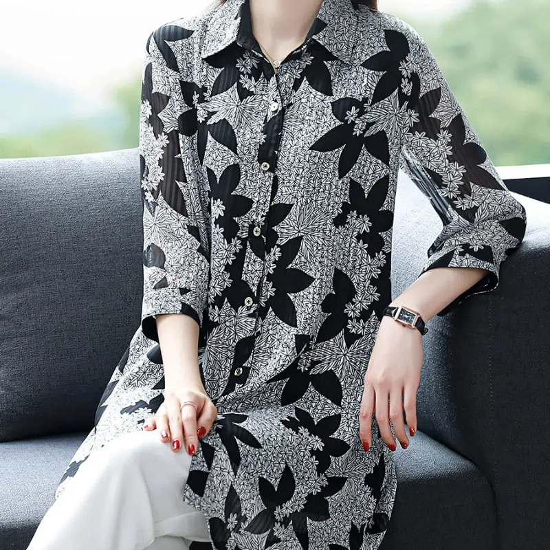 Temperament Spring Women\'s Polo-Neck Printing Single Breasted Fashion Elegant Loose Long Sleeve Mid-length Chiffon Shirt Tops