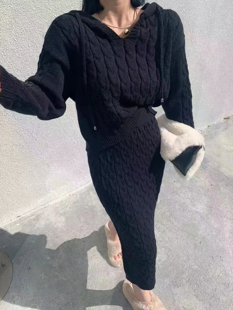 

Loose Korean Sle Knitted Set Lazy Overhead Hooded Sweater plus Midi Skirt Two Piece Set Vintage Casual Commute Faion