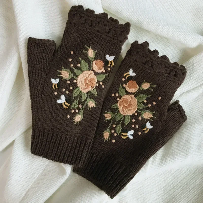 Half Finger Gloves Women Knitted Fingerless Winter Gloves Soft Crochet Bee Knitting Faux Wool Fingerless Gloves Wrist Warmer