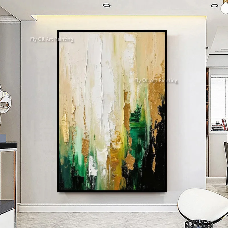 Handmade Emerald Gradient Relief Wall Art, Vertical Brushstroke Heavy Texture Painting, Luxury Foyer Canvas Home Decoration
