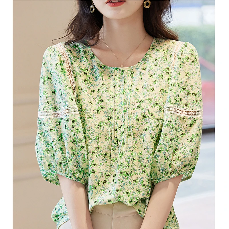 Women Lace Patchwork Chic Sweet Blouses Summer Trendy O Neck Half Sleeve Loose Shirts Korean Elegant Tops Blusa Mujer Moda 2023