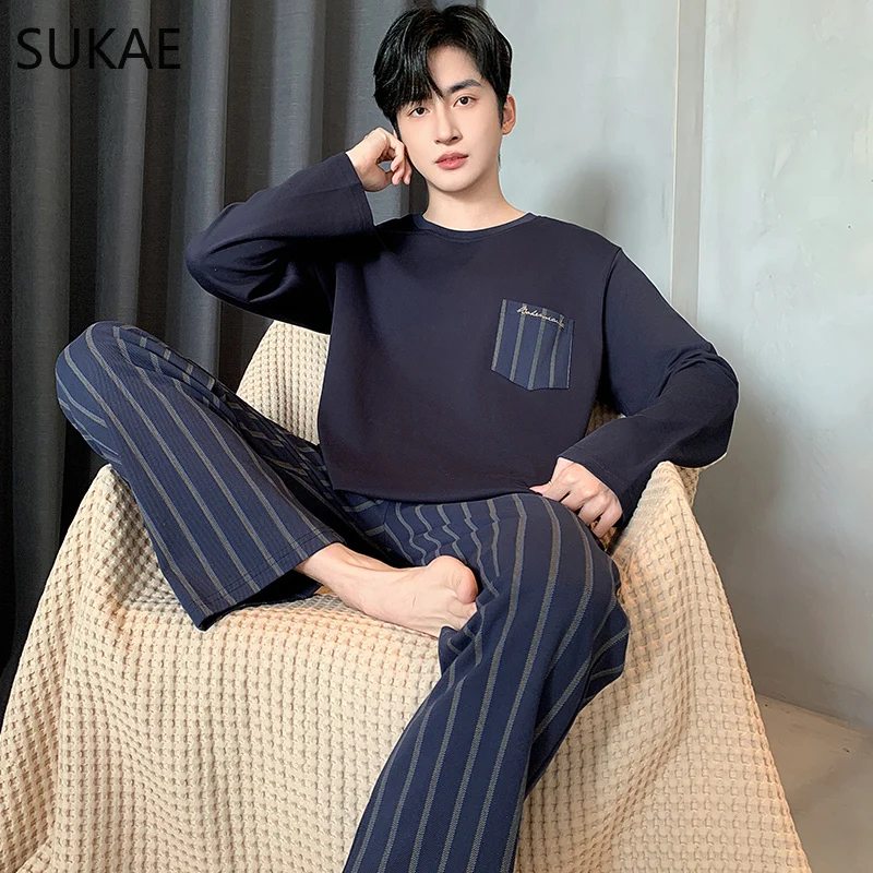 SUKAE Winter Autumn Faux Cotton Men Pajamas Set Leisure Pyjama Boy Sleepwear Casual Homesuit Long Sleeves Pijama Youth Nightwear