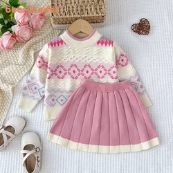 Bear Leader Sweet and Cute Girl Pink Clothing Geometric Diamond Print Sweater+Pleated Skirt 2-piece Sets Winter Girls Clothes