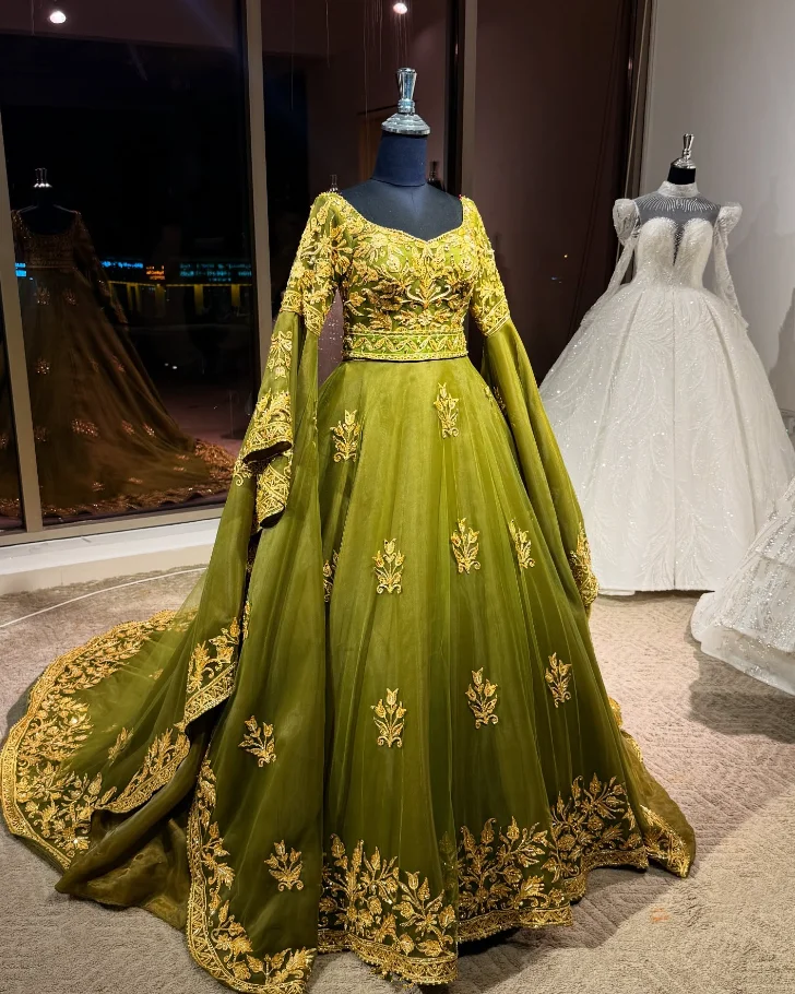Hunter Green Muslim Caftan Wedding Dresses Long Sleeve Manama Gold Appllique Muharraq Bridal Gown Garment Customized