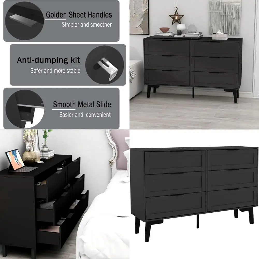 

Черный комод с 6 ящиками для спальни, детской, деревянный комод, горизонтальные ящики и комоды для гостиной