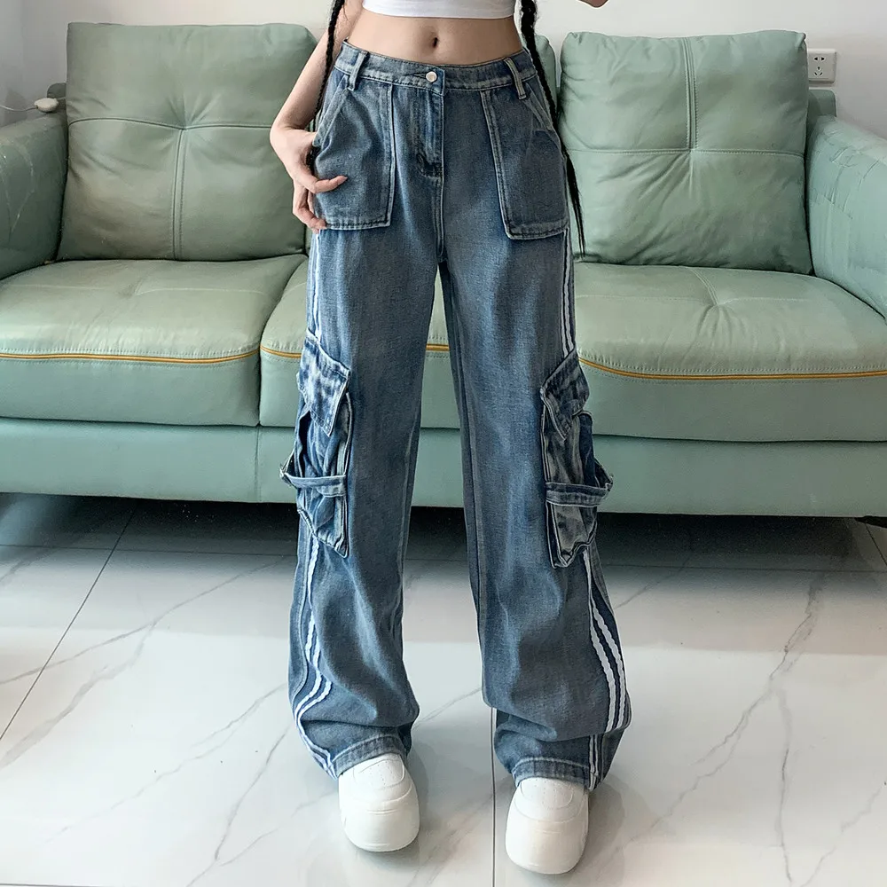 

Distressed Washed Multi-pocket Cargo Jeans for Women American Retro Street Wide Leg Jeans Hip-hop Hot Girl Loose Casual Trousers