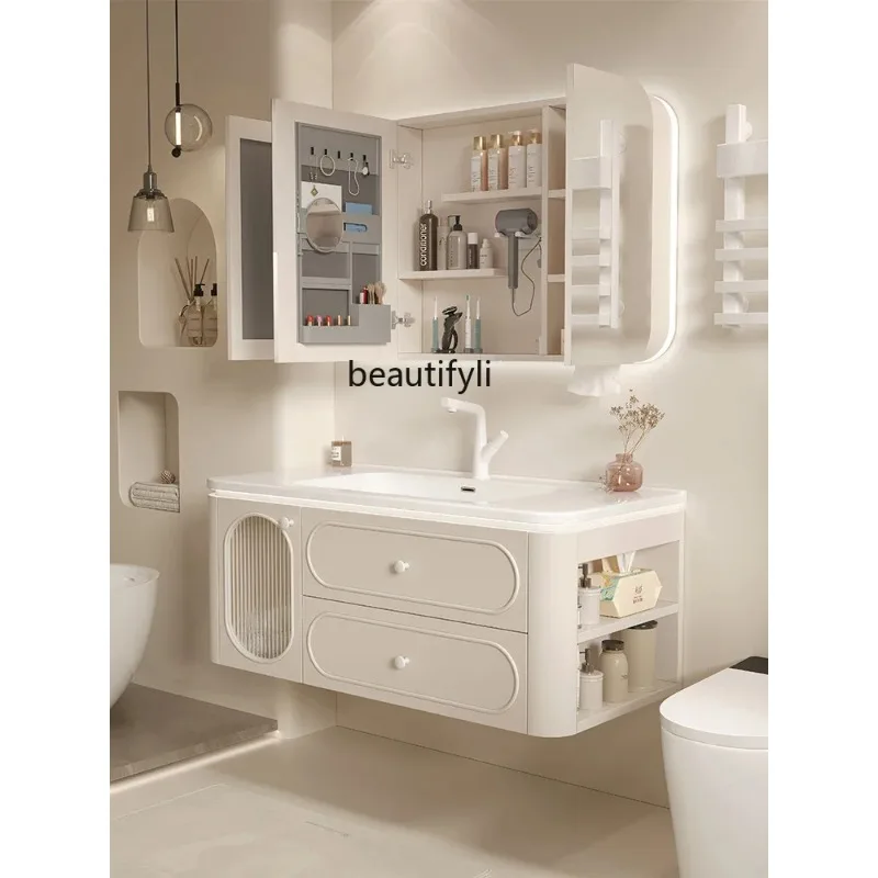 

a485 Treasure box Warm color curved bathroom cabinet Ceramic integrated basin with lamp wash basin Wash table Bathroom cabinet