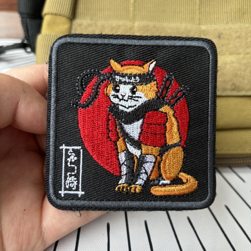 Japan Anime Samurai Cat Morale Tactical Patches Cartoon Embroidery Hook&Loop Patch Military Badge Armband Backpack Stickers