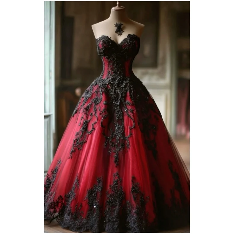 Black And Red Gothic Wedding Dress Lace Appliques Sweetheart Neckline Sleeveless A-Line Tulle Vintage Bridal Gown Customized