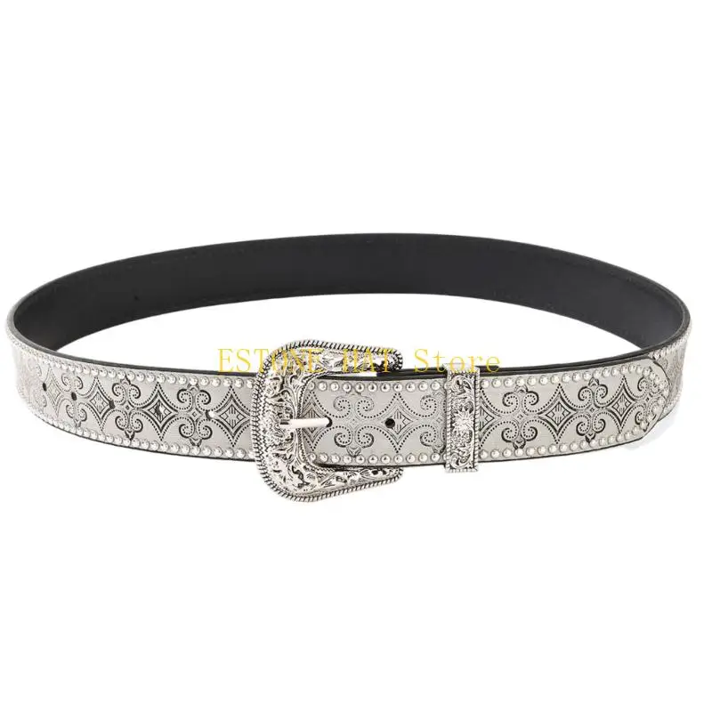 49MF Embossed Western Belt with Engraved Metal Pin Closure and PU Strap for Casual Outfit Styling and Statement Looks