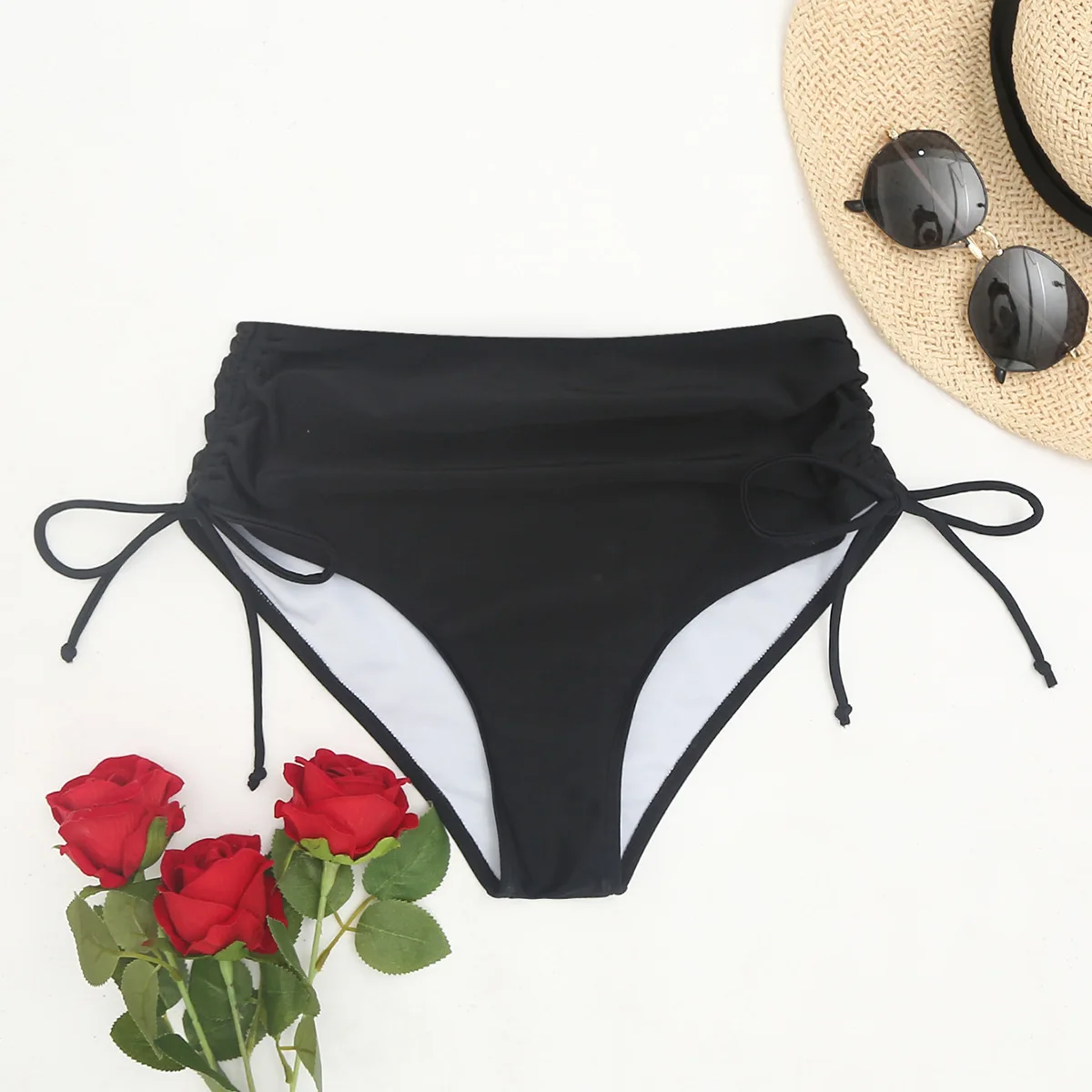 Swimsuit Woman 2023 Solid Color Drawstring Pleated Versatile High Waisted Shorts Swimming Trunks Versatile Style Swimwear