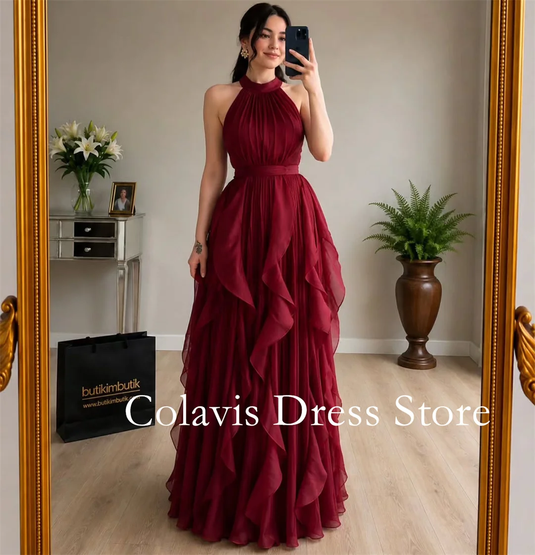 Vestido de noche burdeos sin mangas con cuello halter y volantes, corte en A, de gasa, largo hasta el suelo, vestido formal para invitadas de boda, fiesta de graduación.