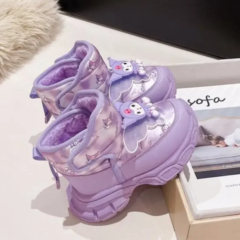 

Sanrio Kuromi зимние сапоги для девочек, большие хлопковые сапоги на толстой подошве, зимние нескользящие резиновые подошвы Hello Kitty Kawaii, новый стиль, модные крутые